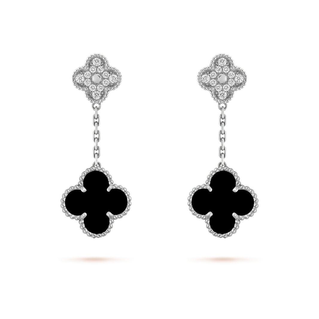 [Amore Jewelry]CLOVER 2 MOTIFS  DIAMOND ONYX EARRINGS SILVER