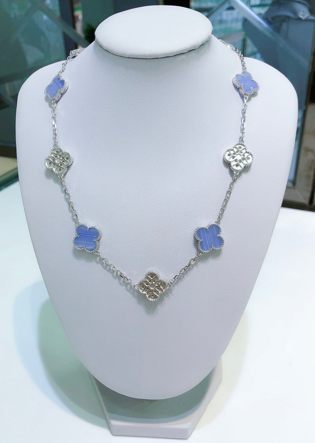 [Amore Jewelry]CLOVER 10 MOTIFS CHALCEDONY DIAMONDS SILVER NECKLACE